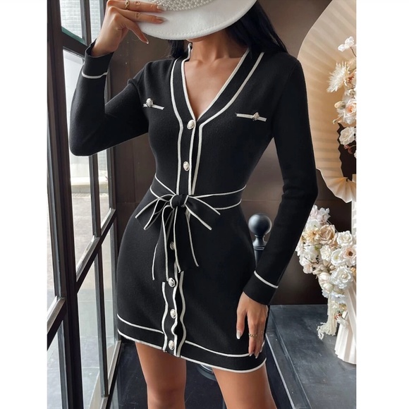 Rouge! Dresses & Skirts - Black Knit Belted Dress Long Sleeve, Button Through Contrast White Piping Trim